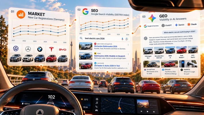 Automotive GEO & SEO Benchmark 2026: Die Top 50 Automarken im Vergleich / KFZ-Neuzulassungen im Vergleich zu digitaler Sichtbarkeit in KI-Prompts und Google Suchergebnissen.